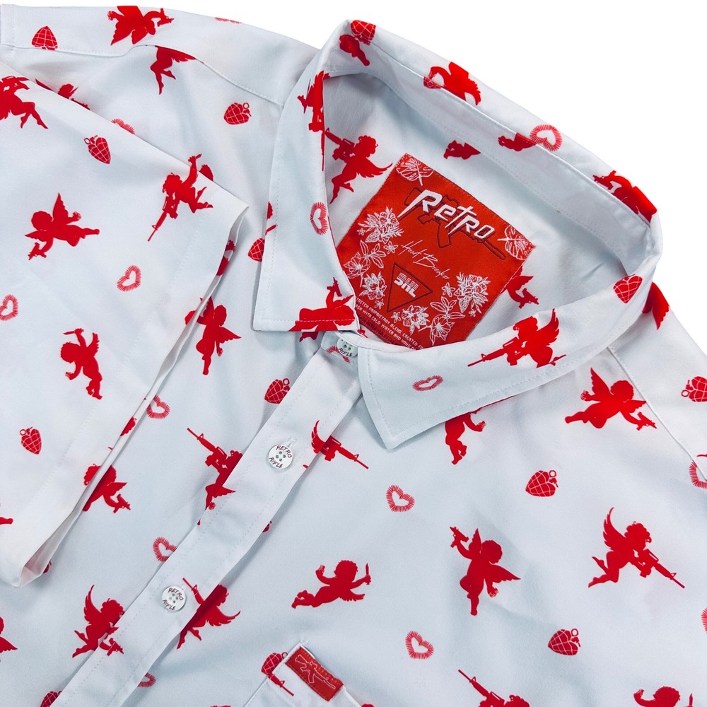 Retro Rifle Heart Breaker Mens 3XL White Red Rifle Cupid Print Shirt Performance